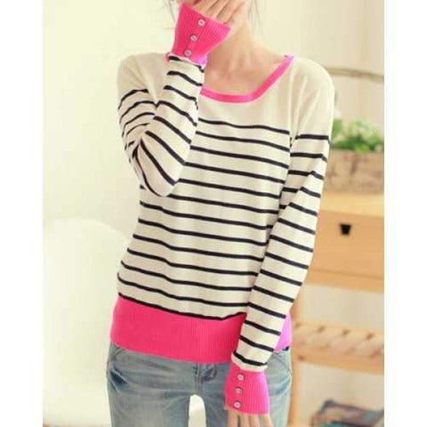 Casual Scoop Collar Striped Color Block Long Sleeve Women's Sweater - Stripe One Size