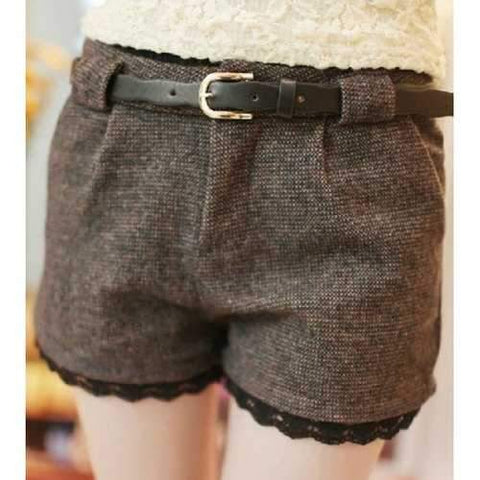 Stylish Lace Splicing Blet Wool Shorts For Women - Coffee L