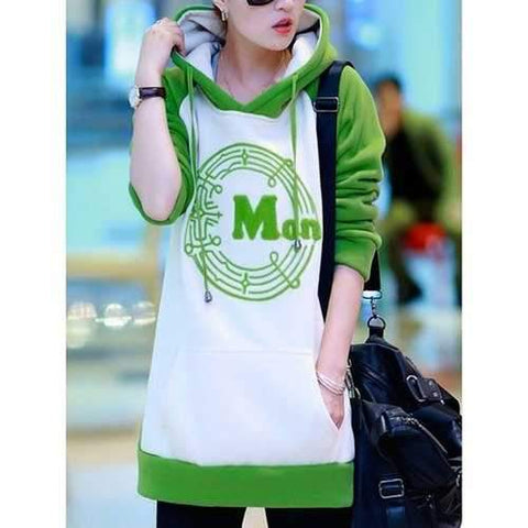 Casual Color Splicing Long Sleeve Hoodie For Women - Green Xl