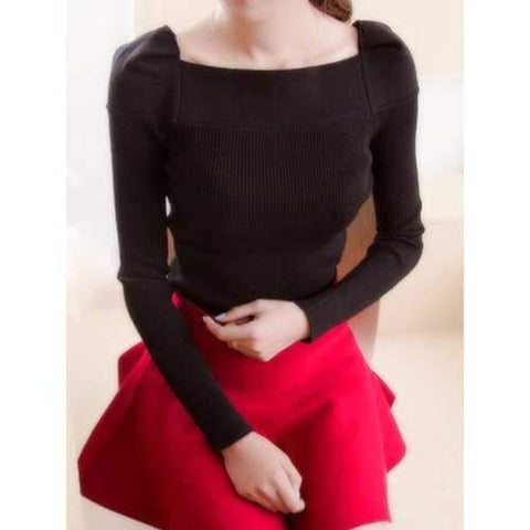 Brief Square Neck Long Sleeves Solid Color Sweater For Women - Black S