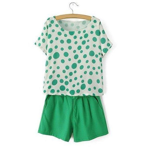 Stylish Scoop Neck Polka Dot Print Short Sleeve T-Shirt + Shorts Women's Twinset - Green M