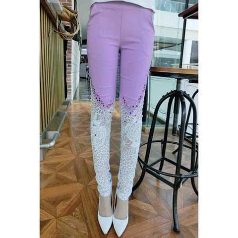Sexy Lace Splicing Beaded Skinny Pants For Women - Violet M