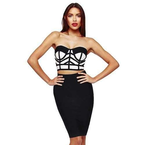 Sexy Strapless Crop Top and Solid Color Bandage Skirt Women's Suit - Black Xs