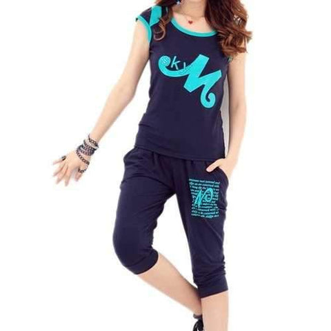 Active Scoop Neck Letter Print Short Sleeve T-Shirt and Lace-Up Pants Twinset For Women - Sapphire Blue L