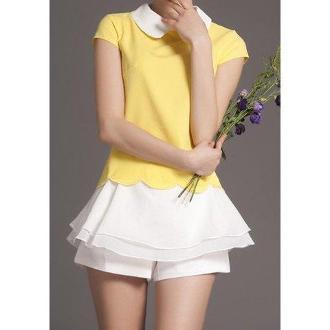 Vintage Peter Pan Collar Short Sleeves Blouse and Flounce Shorts Suit For Women - S