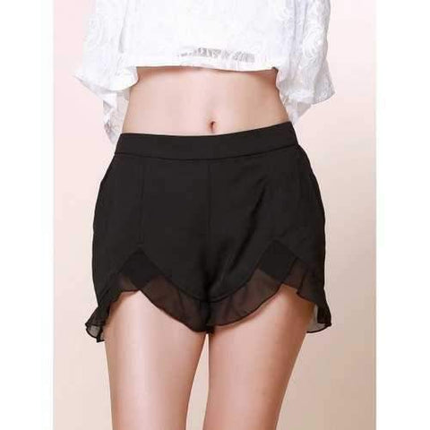 Sexy Style Solid Color Flounce Splicing Asymmetrical Shorts For Women - Black S