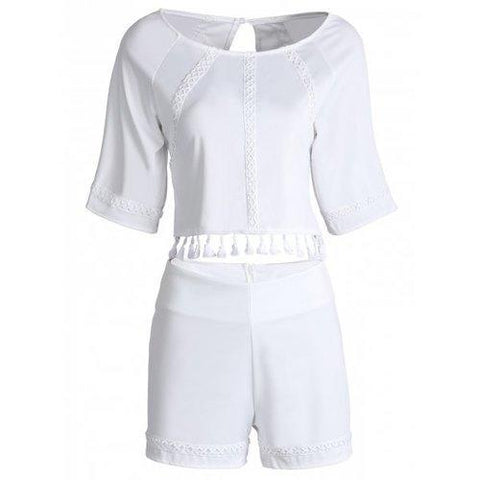 Stylish Round Neck Short Sleeves Hollow Out Fringe Backless Blouse and Shorts Suit For Women - White S