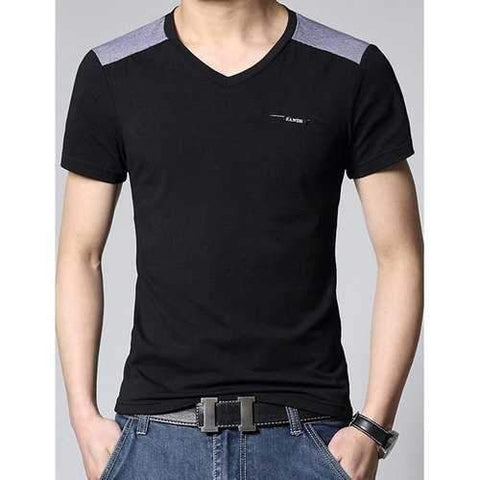 Fashion V-Neck Slimming Color Block Pinstripe Splicing Short Sleeve Cotton Blend T-Shirt For Men - Black M