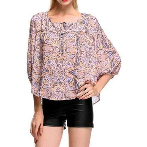 Fashionable Scoop Neck Print 3/4 Sleeve Shirt For Women - Light Purple S
