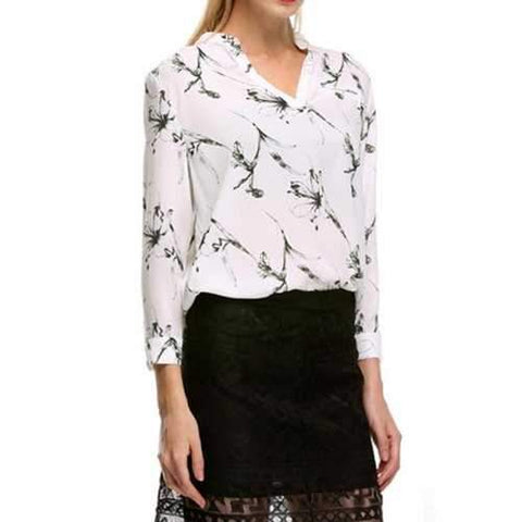 Fashionable V-Neck Lily Print Long Sleeve Shirt For Women - White M