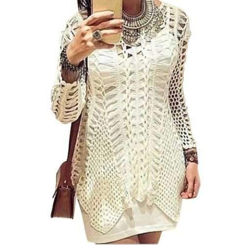 Stylish Scoop Neck Long Sleeve Crochet Hollow Women's Blouse - White M