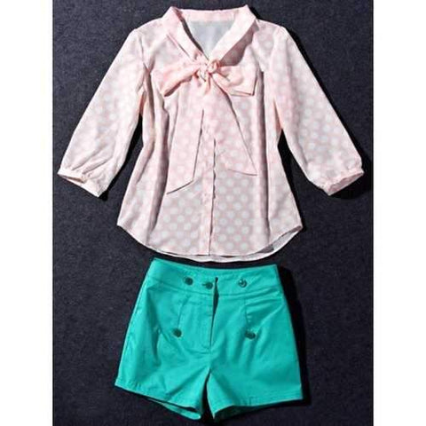 Cute Bow Collar Polka Dot Print 3/4 Sleeve Blouse and Shorts Twinset For Women - L