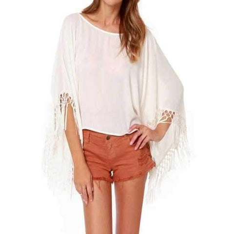 Fashionable Scoop Neck Backless Fringe Splicing Half Sleeve Blouse For Women - White S