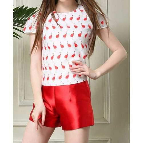 Vintage Round Neck Short Sleeve Printed T-Shirt + Solid Color Shorts Women's Twinset - Red L