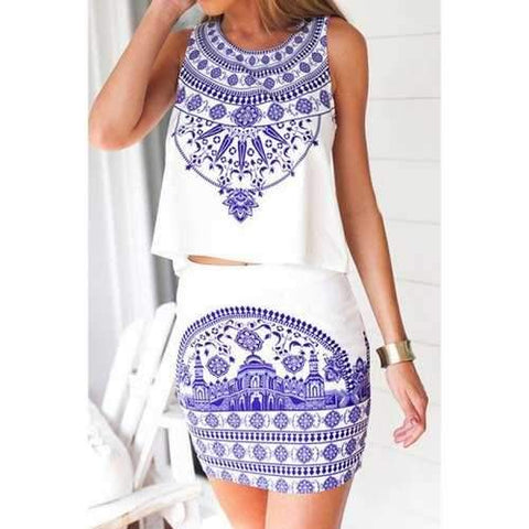 Stylish Retro Floral Print Tank Top and Bodycon Skirt Women's Suit - Blue And White M