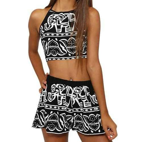 Casual Style Halter Neck Elephant Print Tie-Up Tank Top + Shorts For Women - Black S
