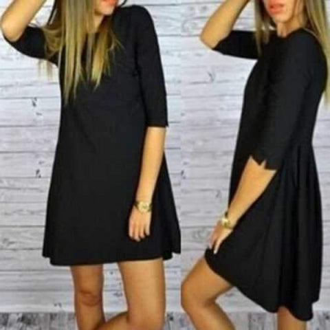 Punk Jewel Neck Solid Color Half Sleeve Dovetail Dress For Women - Black L