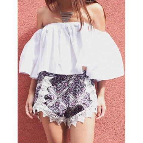 Casual Slash Collar 3/4 Sleeve Laciness Blouse + High-Waisted Printed Shorts Women's Twinset - White L