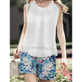Stylish Scoop Neck Sleeveless Solid Color Blouse + Printed Shorts Women's Twinset - White L