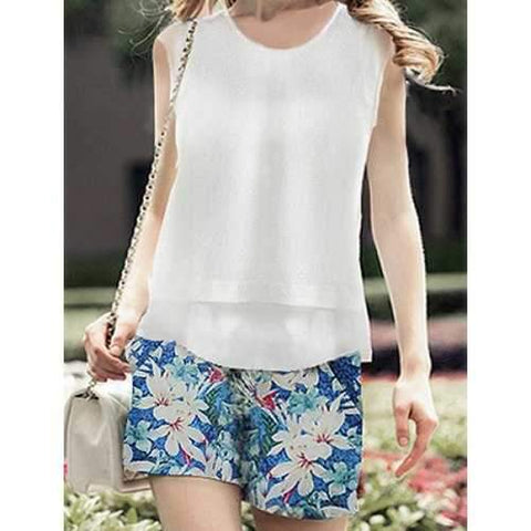 Stylish Scoop Neck Sleeveless Solid Color Blouse + Printed Shorts Women's Twinset - White L