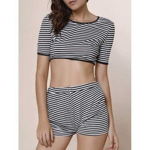 Stylish Scoop Neck Short Sleeve Crop Top + High-Waisted Shorts Striped Women's Twinset - Stripe S