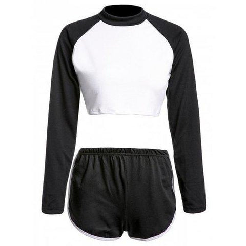 Casual Round Neck Long Sleeve Color Block Crop Top and Shorts Suit For Women - Black S