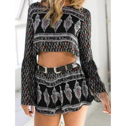 Sexy Round Neck Floral Print Backless Long Sleeve Crop Top and Shorts Twinset For Women - M