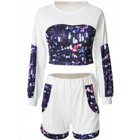 Stylish Round Neck Printed Crop Top and Shorts Suit For Women - White S