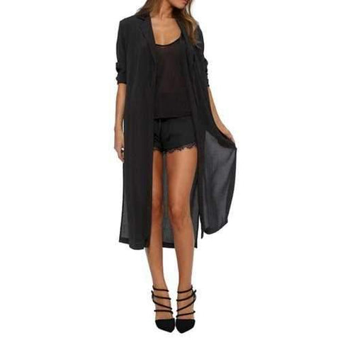 Fashionable Turn-Down Collar Solid Color High Slit Long Sleeve Blouse For Women - Black 2xl