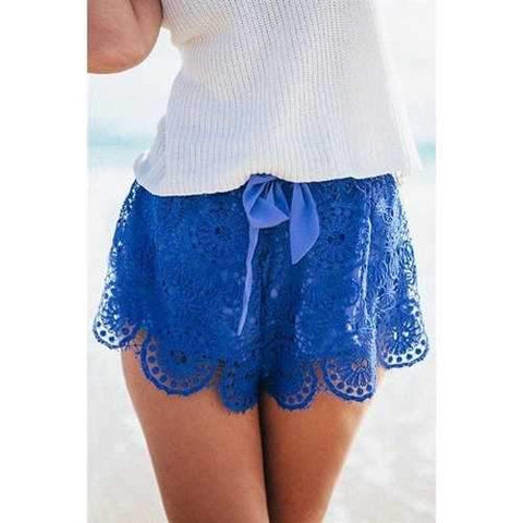 Sexy Style Mid-Waisted Solid Color Lace Splicing Drawstring Women's Shorts - Blue M