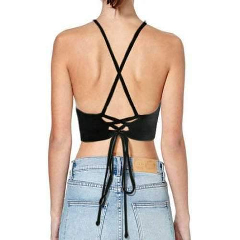 Sexy Strappy Solid Color Criss-Cross Backless Crop Top For Women - Black S