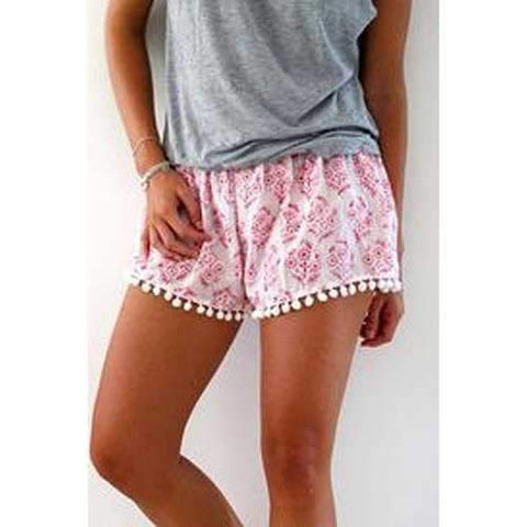 Stylish Elastic Waist Floral Print Irregular Hem Laciness Women's Pink Shorts - Pink S