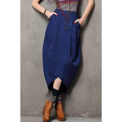 Stylish High Waisted Solid Color Single-Breasted Women's Skirt - Sapphire Blue M