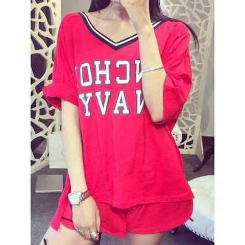 Casual V-Neck Letter Pattern Short Sleeve T-Shirt + Shorts Twinset For Women - Red One Size(fit Size Xs To M)