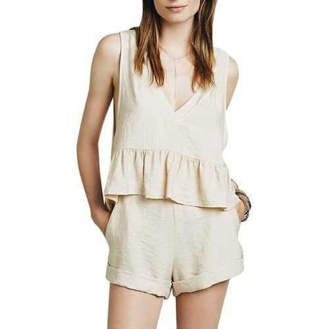Sexy Style Plunging Neck Backless Flounce Sleeveless Tank Top + Shorts For Women - Off-white S