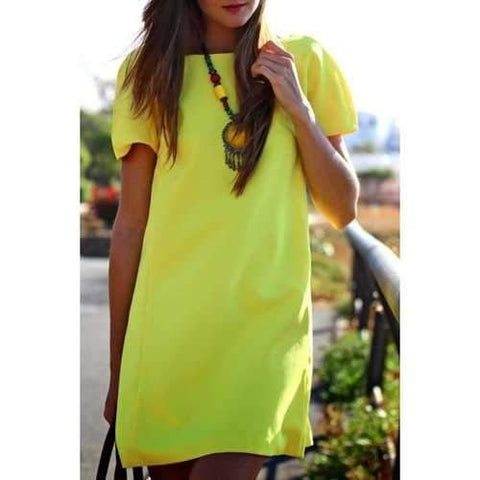 Stylish Slash Neck Short Sleeve Solid Color Open Back Women's Dress - Yellow S