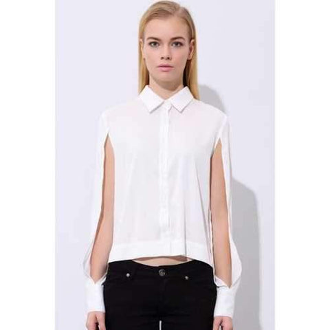 Fashionable Polo Collar Solid Color Cut Out Long Sleeve Shirt For Women - White S