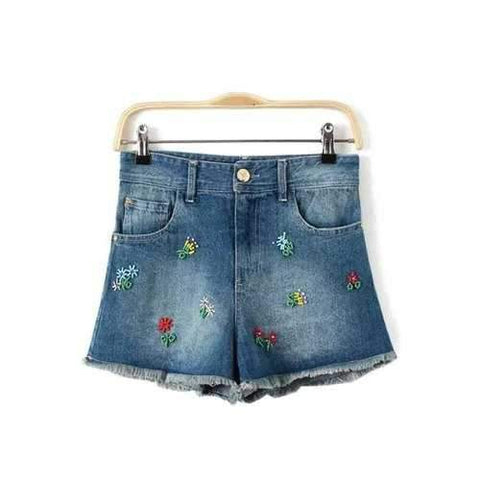 Fashionable Colorful Bead Embellished Zipper Fly Shorts For Women - Light Blue L