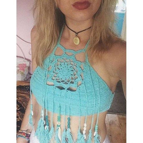 Stylish Round Neck Sleeveless Hollow Out Fringed Women's Crop Top - Blue One Size(fit Size Xs To M)