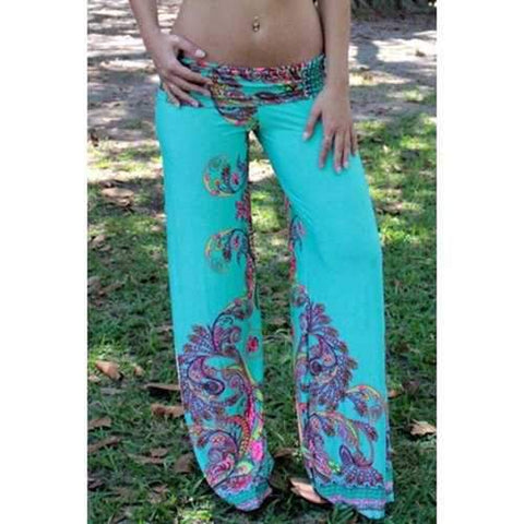 Casual Style Elastic Waist Floral Print  Wide Leg Women's Exumas Pants - Turquoise M