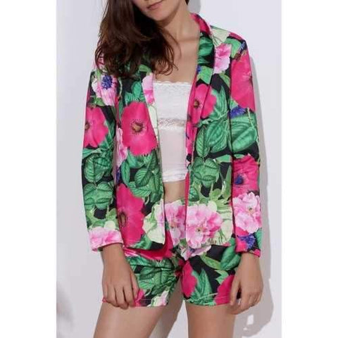 Fashionable Long Sleeve Full Print Coat + Slimming Colorful Shorts Twinset For Women - S