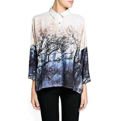 Fashionable Polo Collar Scenery Print High Low 3/4 Sleeve Shirt For Women - S