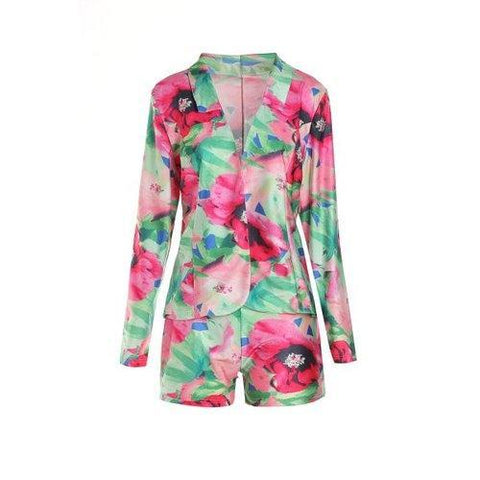Sweet Colorful Flower Printed Blazers+ Bodycon Shorts Twinset For Women - L