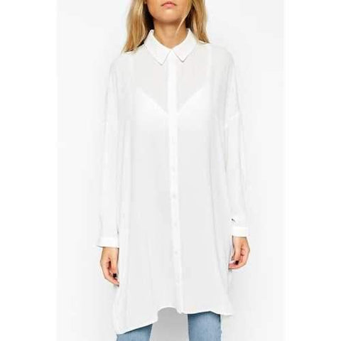 Stylish Shirt Collar Long Sleeve Solid Color Single-Breasted Women's Boyfriend Shirt - White S