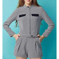 Stylish Stand Collar Long Sleeve Plaid Jacket and Shorts Suit For Women - White And Black M