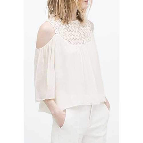 Stylish Round Neck 3/4 Sleeve Lace Spliced Cut Out Women's Blouse - White S