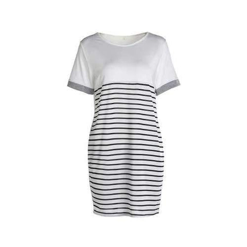 Casual Round Collar Short Sleeve Striped Color Block Women's Dress - Natural White Light Xl