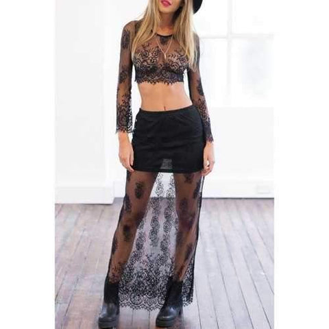 Sexy Style Scoop Neck See-Through Lace Crop Top + Long Skirt For Women - Black M