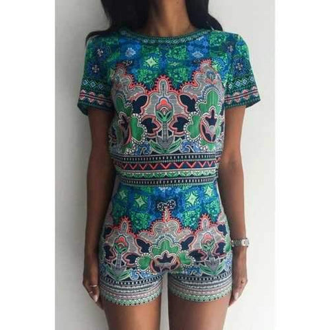 Fashionable Jewel Neck Colorful Floral Print Short Sleeve T-Shirt + Shorts For Women - Green L