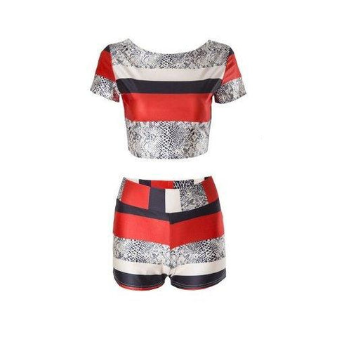 Stylish Color Block Printed Short T-Shirt+Bodycon High Waist Shorts Twinset For Women - Red S